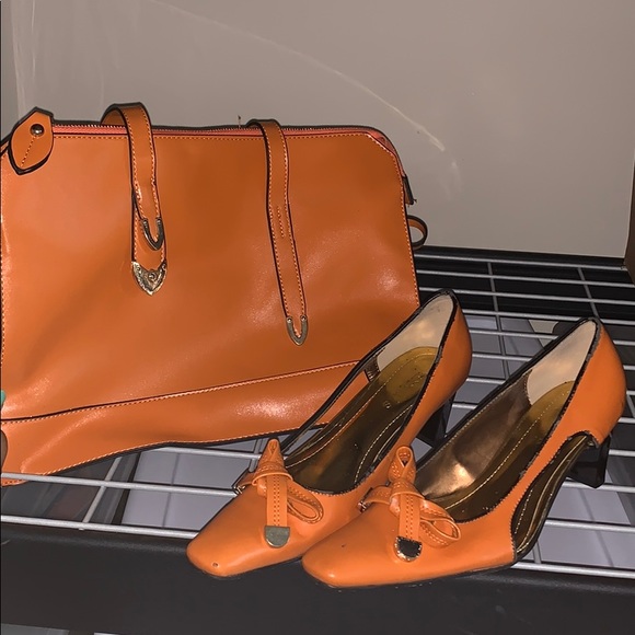 Handbags - Deep orange shoe and bag set